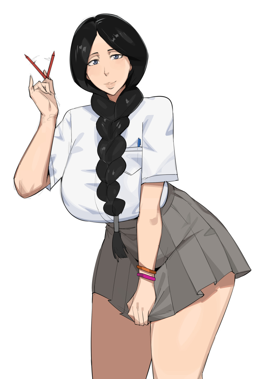 absurdres, black_hair, bleach, blue_eyes, blush, bracelet, braid, breasts