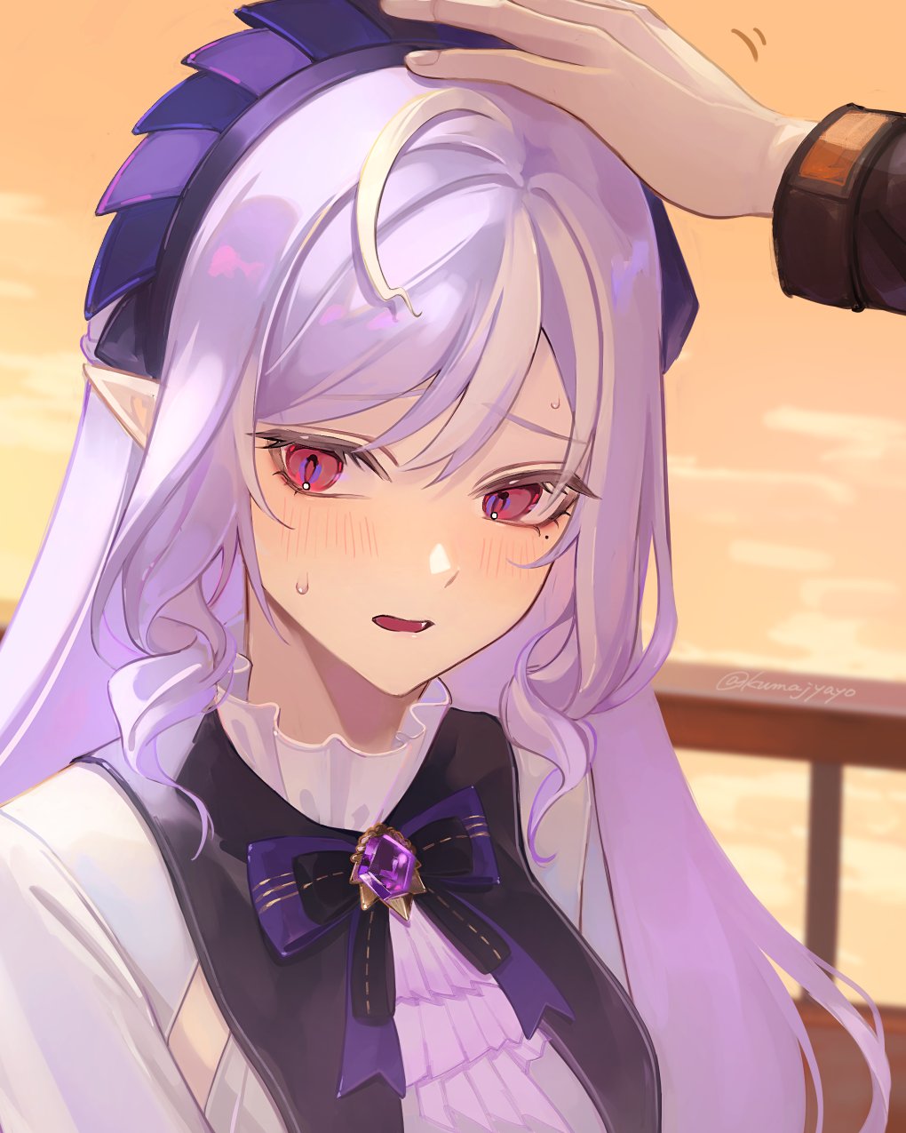 1boy, 1girl, blush, drill_hair, fangs, gem, headpat, highres