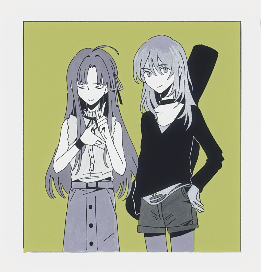 2girls, ahoge, awa_subaru, border, buttons, choker, closed_eyes, closed_mouth