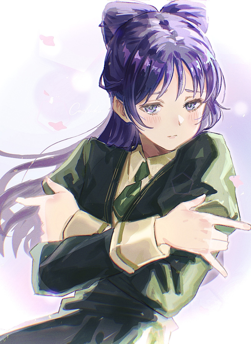 1girl, black_dress, blush, cashiko, crossed_arms, dress, green_neckerchief, highres