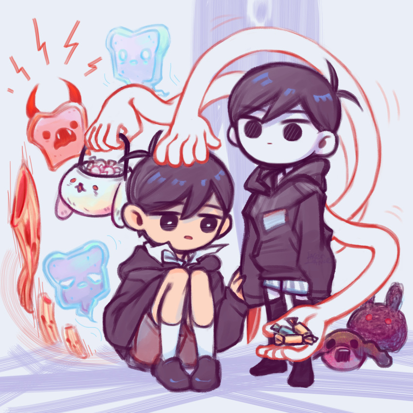 2boys, alternate_costume, antenna_hair, black_coat, black_eyes, black_hair, black_hoodie, black_thighhighs, brown_shorts, closed_mouth, coat, collared_shirt, colored_skin, creepypasta_(omori), dual_persona, ghost_bunny_(omori), highres, hood, hoodie, hushpuppy_(omori), laser-lance, living_bread_(omori), looking_at_another, male_focus, multiple_boys, omori, omori_(omori), open_mouth, shirt, short_hair, shorts, sitting, something_(omori), striped_clothes, striped_shorts, sunny_(omori), thigh-highs, toast_ghost_(omori), vertical-striped_clothes, vertical-striped_shorts, white_shirt, white_shorts, white_skin