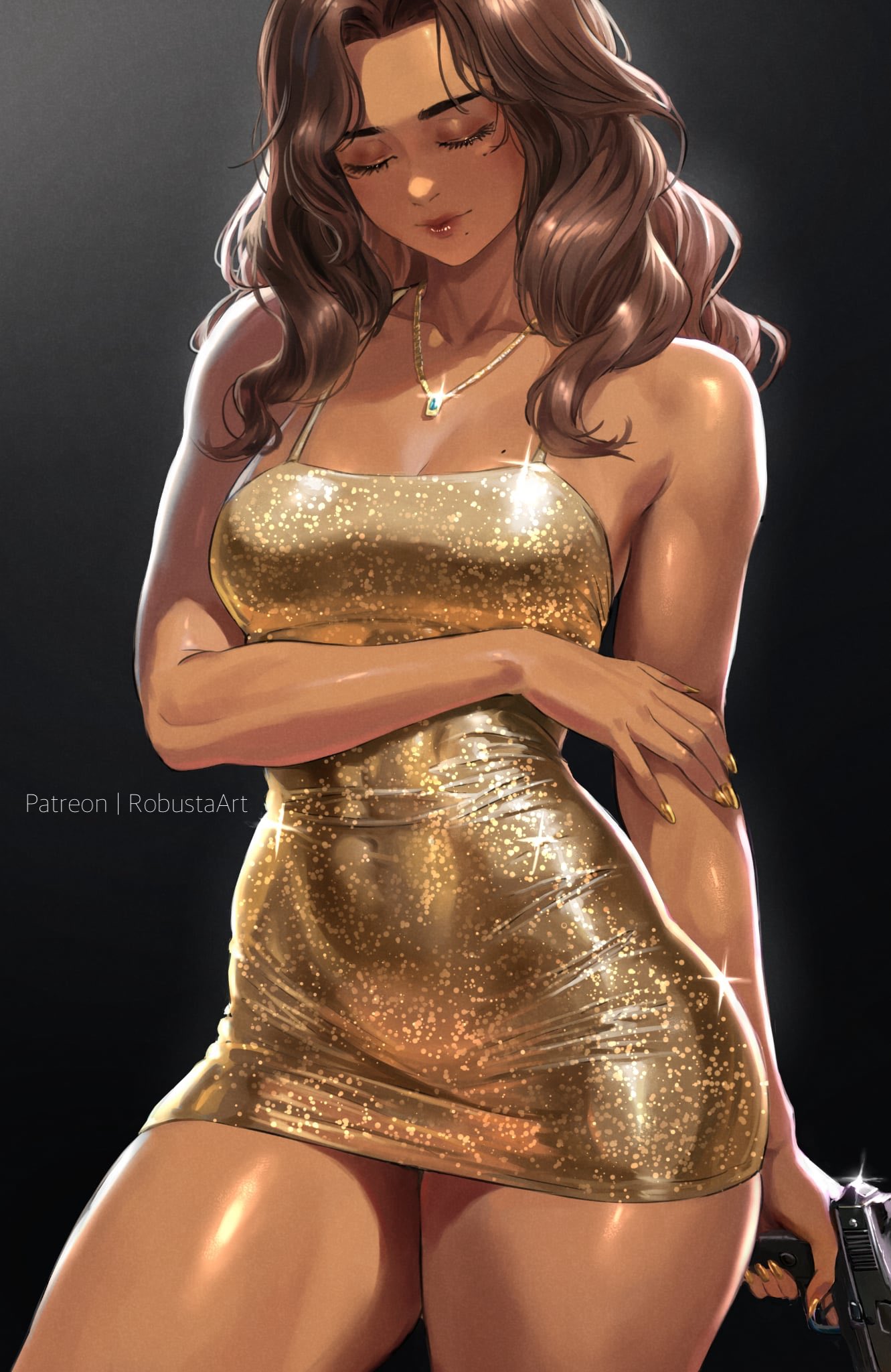 1girl, breasts, brown_hair, closed_eyes, dark-skinned_female, dark_skin, dress, earrings