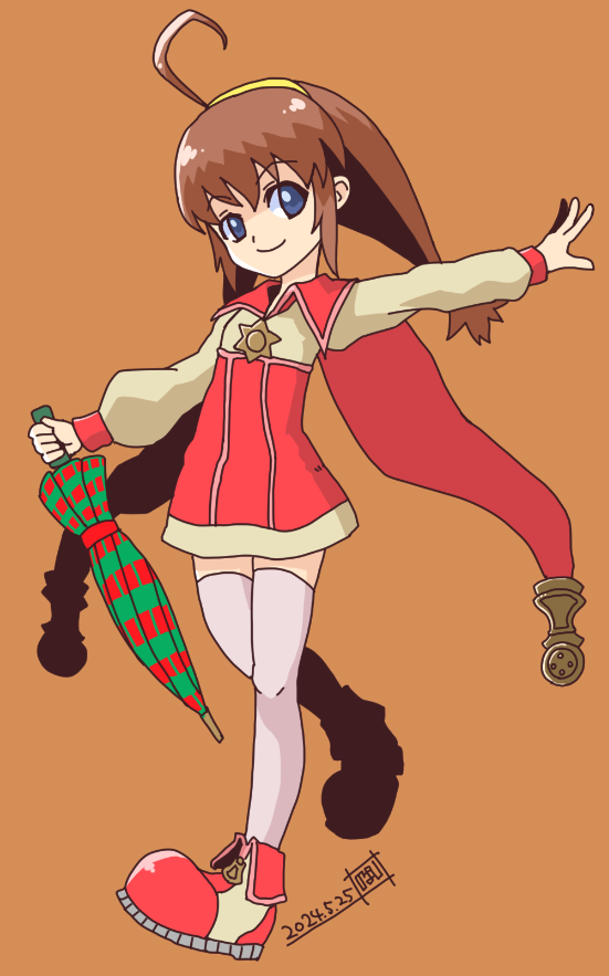1girl, ahoge, brown_hair, cape, closed_mouth, dated, dress, full_body
