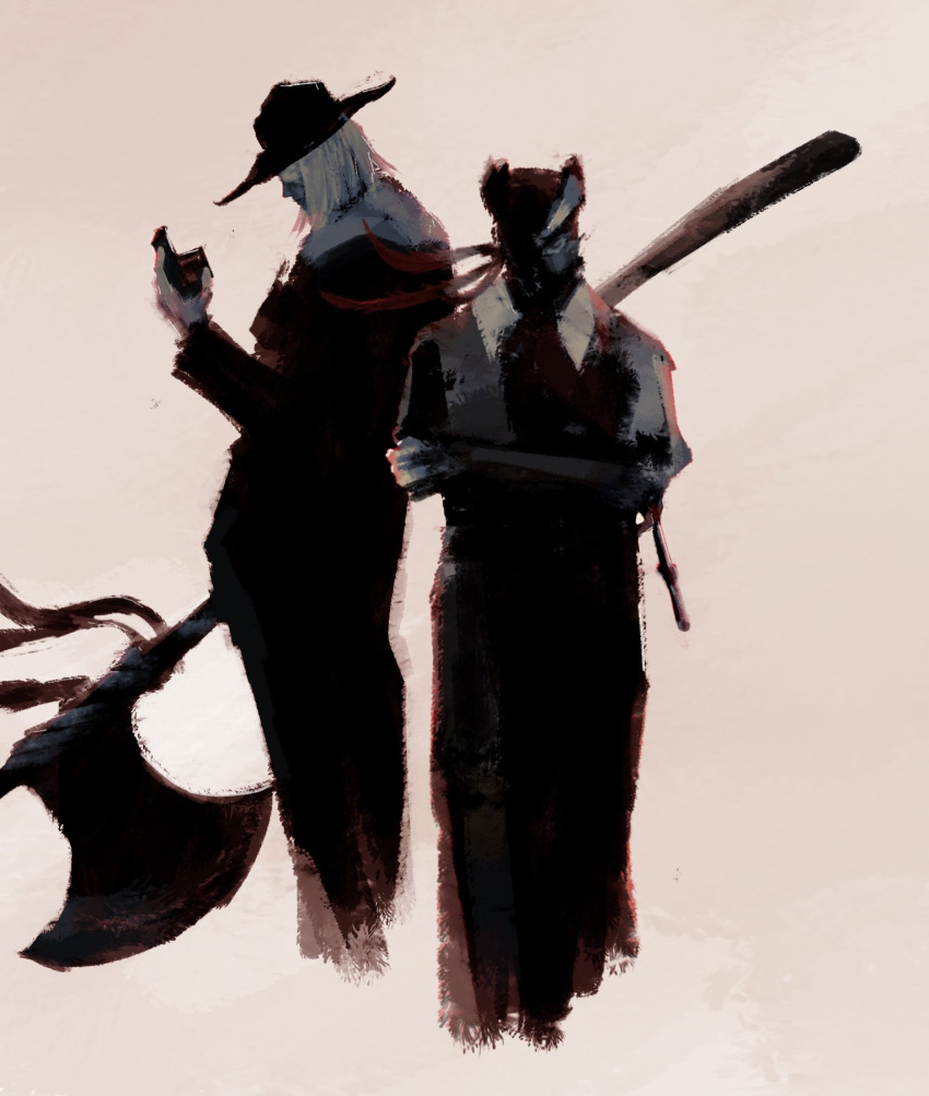 2boys, axe, bandages, bandages_over_eyes, bloodborne, brushseven, cloak, closed_eyes, coat, father_gascoigne, gloves, hat, highres, holding, holding_axe, holding_weapon, hunter_(bloodborne), long_coat, long_hair, male_focus, mask, mouth_mask, multiple_boys, scarf, simple_background, tricorne, weapon, white_hair