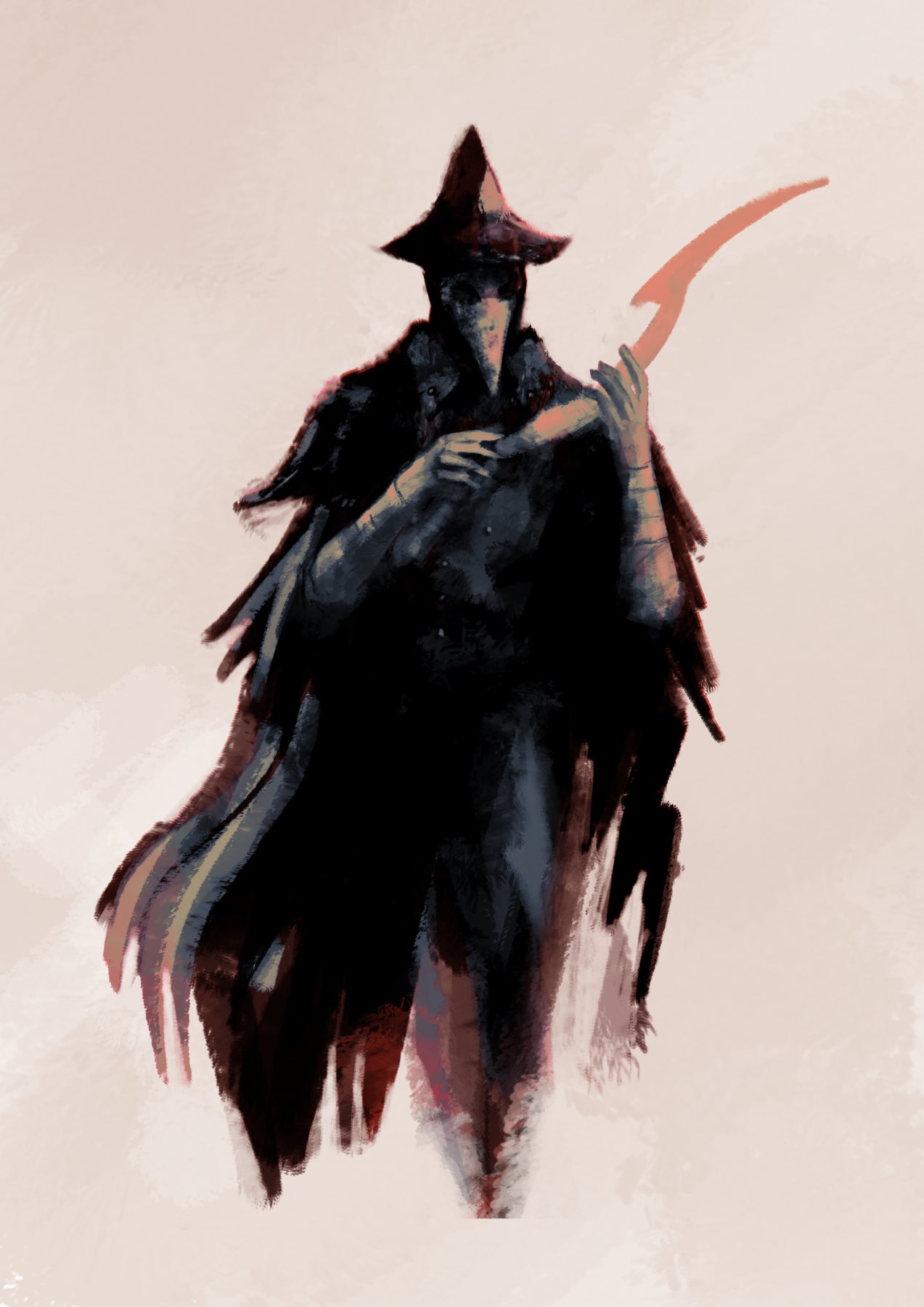 1girl, blade_of_mercy, bloodborne, brushseven, cloak, coat, eileen_the_crow, gloves