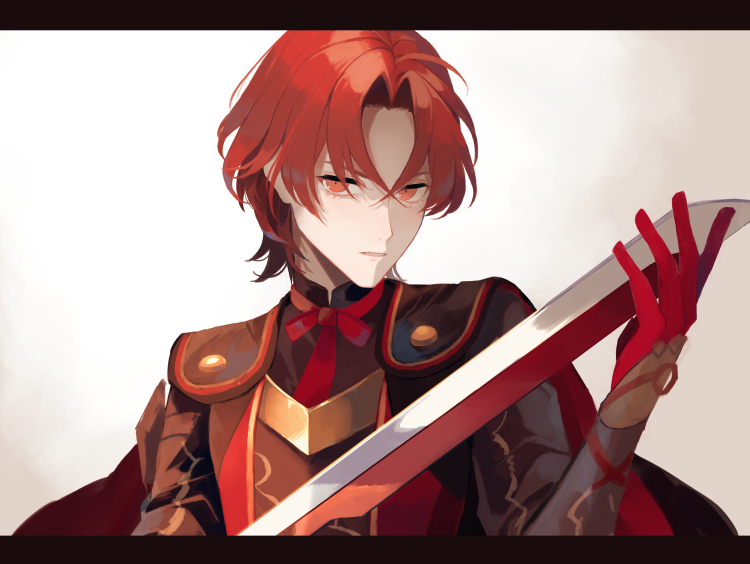 1boy, arm_up, black_shirt, cape, collared_shirt, curtained_hair, fire_emblem, fire_emblem_engage