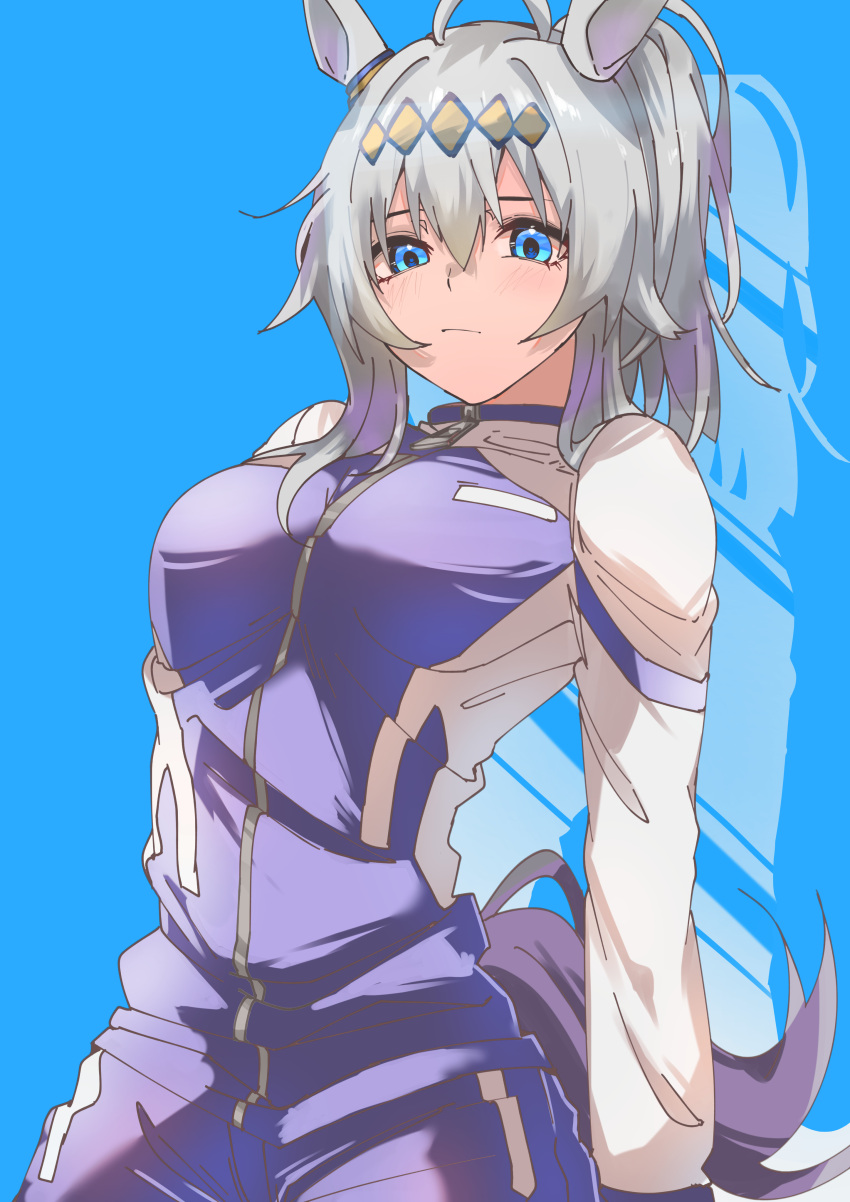 1girl, absurdres, ahoge, amateru, animal_ears, blue_background, blue_eyes, blue_jacket, blue_pants, closed_mouth, commentary, ear_ornament, grey_hair, hair_ornament, hair_up, highres, horse_ears, horse_girl, horse_tail, jacket, kasamatsu_tracen_training_uniform, long_sleeves, looking_at_viewer, medium_hair, oguri_cap_(umamusume), pants, ponytail, solo, standing, tail, track_jacket, track_pants, umamusume, umamusume:_cinderella_gray