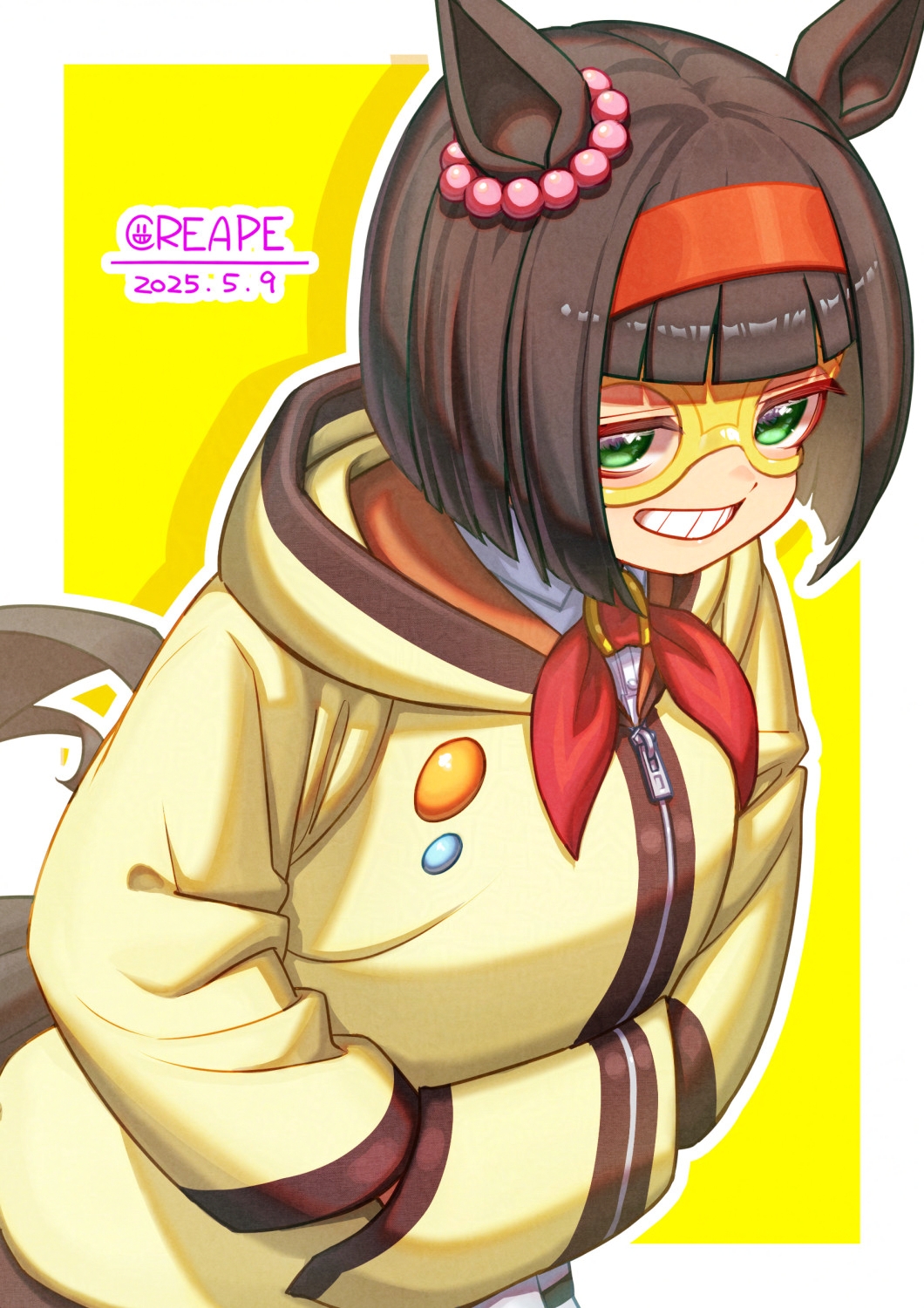 1girl, animal_ears, artist_name, blunt_bangs, blunt_ends, bob_cut, brown_hair, coat