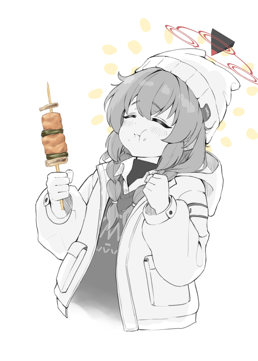1girl, :t, absurdres, beanie, blue_archive, braid, closed_eyes, commentary_request, eating, fingernails, food, food_on_face, greyscale, hair_between_eyes, halo, hands_up, hat, highres, holding, holding_food, holding_skewer, hood, hood_down, jacket, long_hair, long_sleeves, maki_(blue_archive), maki_(camp)_(blue_archive), monochrome, official_alternate_costume, open_clothes, open_jacket, red_halo, shirt, simple_background, skewer, solo, spot_color, twin_braids, white_background, woottak09