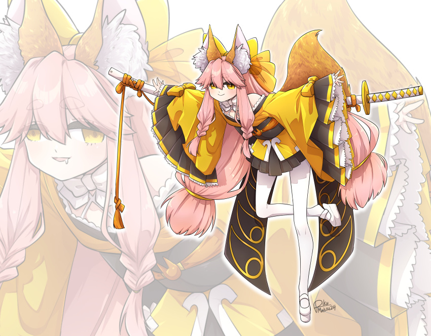1girl, absurdres, animal_ear_fluff, animal_ears, blush, braided_sidelocks, drooling, fate/samurai_remnant