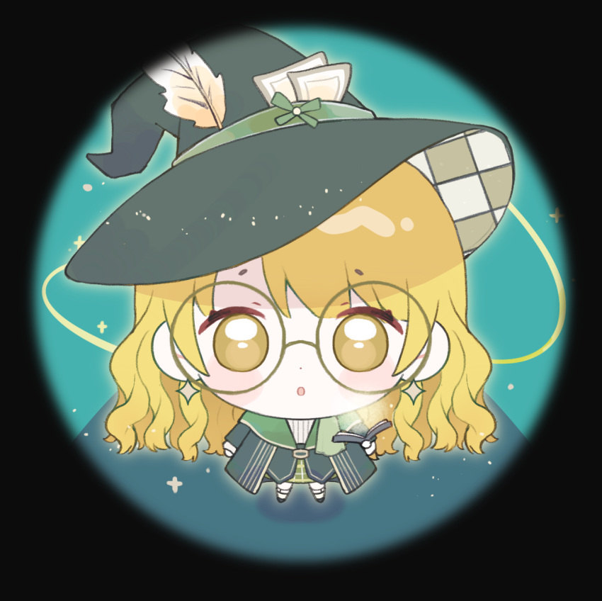 1girl, :o, baonu_de_zhanshen_caibutou, belt, belt_buckle, black_belt, black_border, black_hat, black_robe, black_shoes, blonde_hair, blunt_bangs, blush_stickers, book, border, buckle, card_in_hat, checkered_hat, chibi, chinese_commentary, commentary_request, dot_nose, enchanted_writing_(infinity_nikki), expressionless, eyelashes, glasses, green-framed_eyewear, green_skirt, grimoire, hat, hat_feather, highres, holding, holding_book, infinity_nikki, kneehighs, light_particles, long_hair, long_sleeves, looking_at_viewer, miniskirt, nikki_(series), official_alternate_color, open_book, open_mouth, outline, plaid_clothes, plaid_skirt, robe, round_border, round_eyewear, shirt, shoes, skirt, socks, solo, sparkle, tareme, two-sided_fabric, two-sided_headwear, very_long_hair, wavy_hair, white_hat, white_outline, white_shirt, white_socks, witch_hat, wizard, yellow_eyes