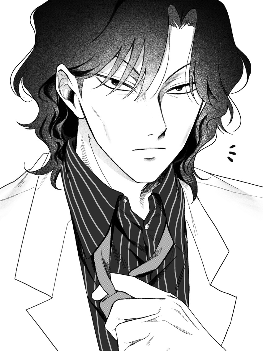 1boy, adjusting_clothes, adjusting_necktie, closed_mouth, expressionless, greyscale, highres, itakura_(tobaku_haouden_zero)