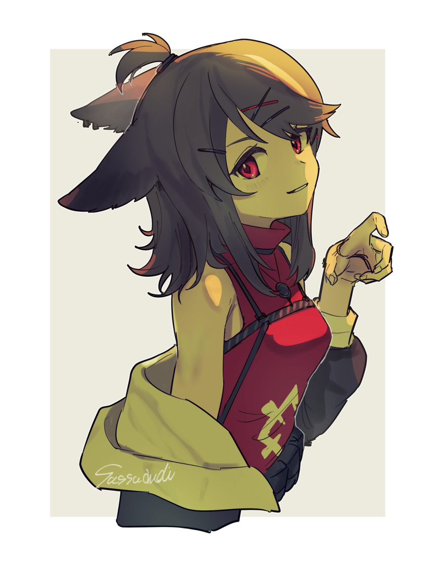 1girl, animal_ears, arknights, artist_name, bare_shoulders, border, brown_hair, commentary