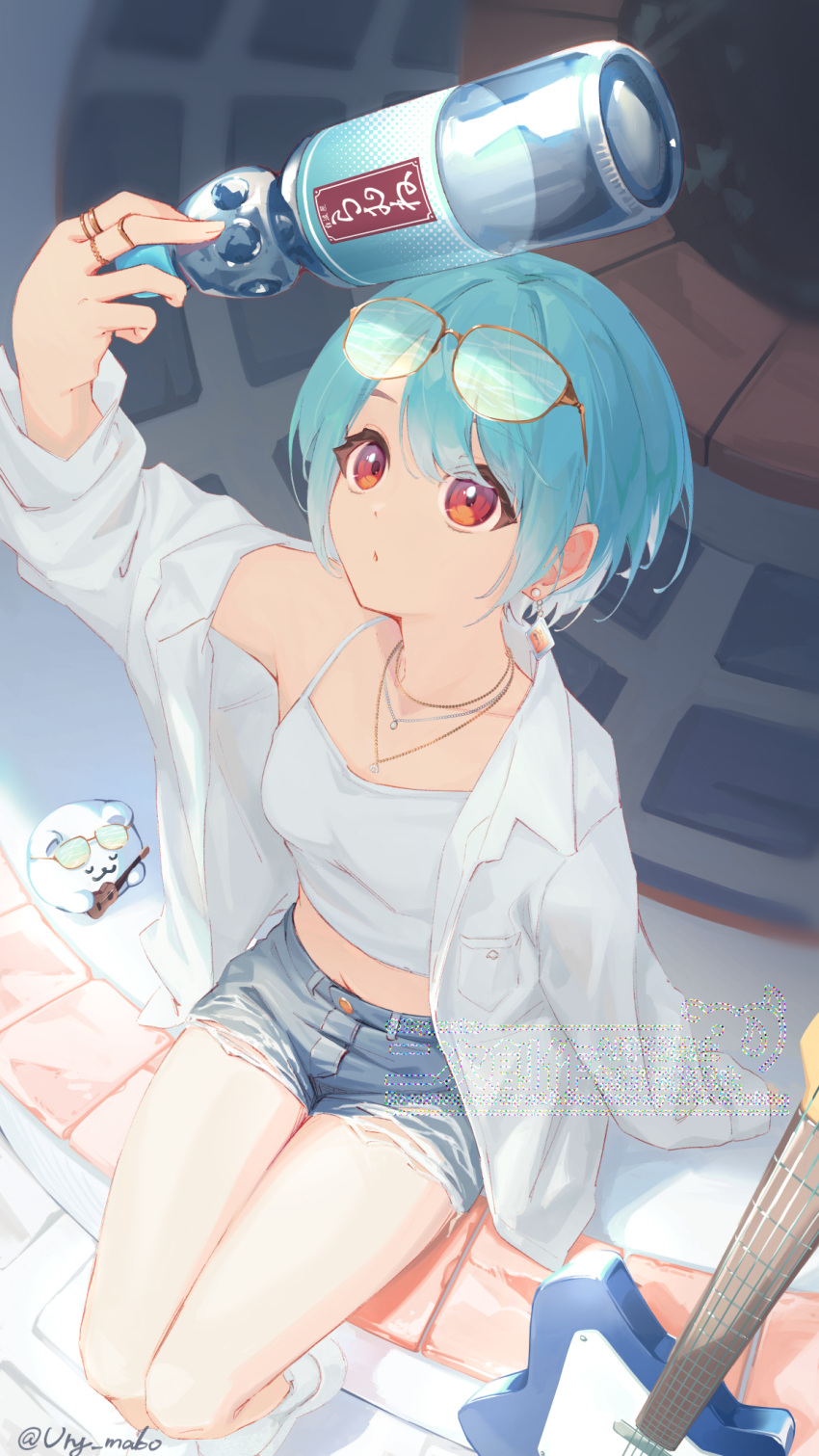 1girl, :o, arm_support, arm_up, bare_legs, blue_hair, blue_shorts, bottle