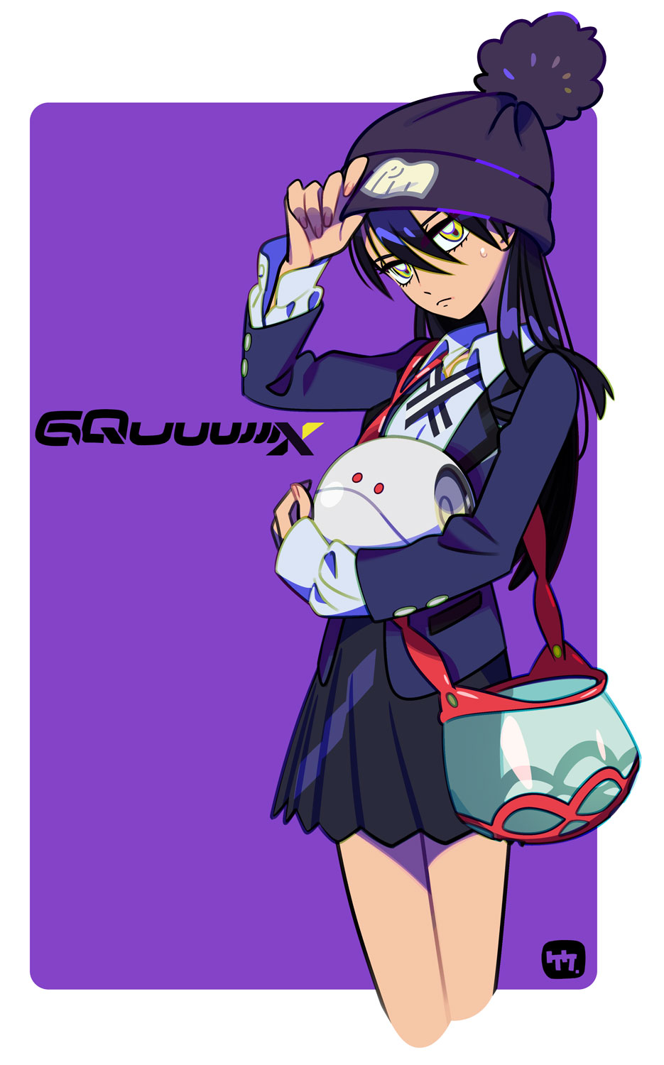 1girl, beanie, black_hair, black_hat, black_skirt, blue_jacket, border, copyright_name