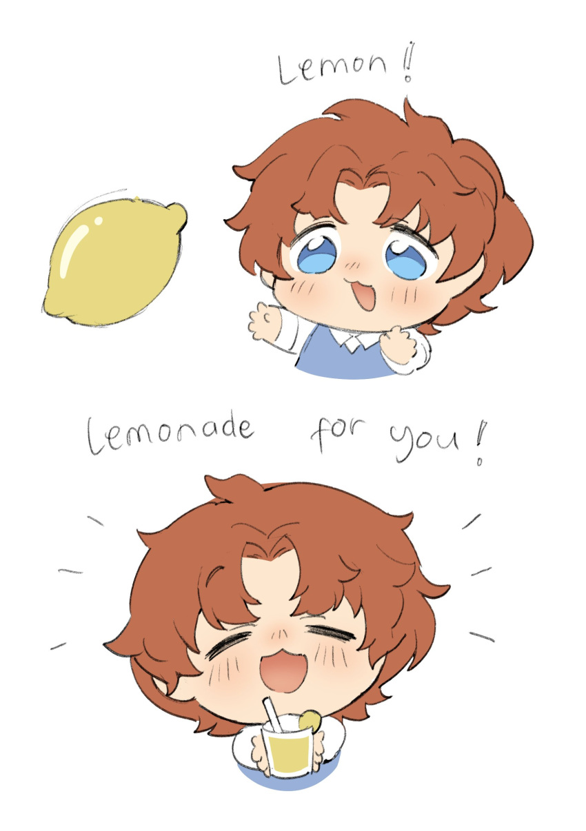 !, 1boy, absurdres, blue_eyes, blue_sweater_vest, brown_hair, chibi, closed_eyes