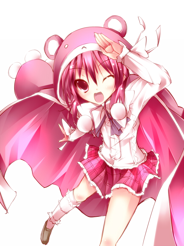 artist_request, cape, macaron_(twinkle_crusaders), open_mouth, salute, twinkle_crusaders, wink