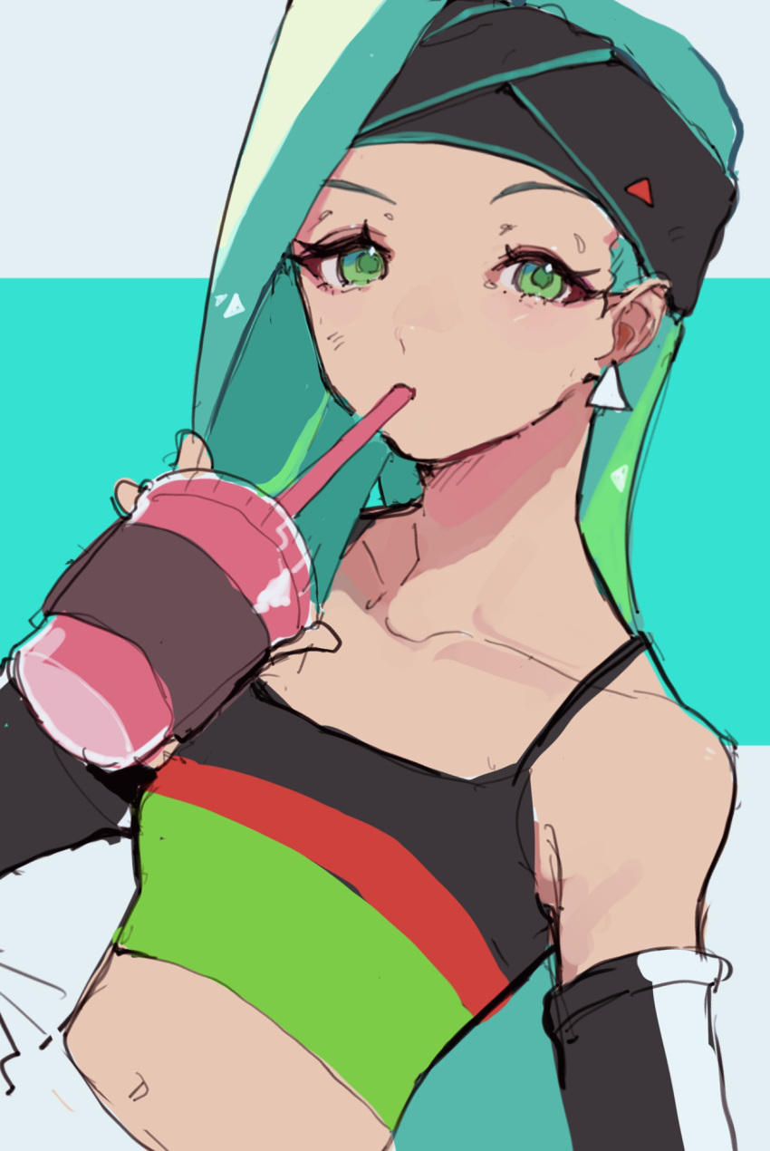 1girl, aqua_hair, black_headband, breasts, cookie_run, cookie_run:_ovenbreak, earrings, green_eyes