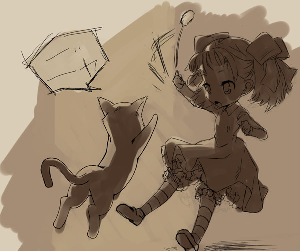 bow, cat, hair_bow, kanihira, monochrome, odin_sphere, socrates_(odin_sphere), twintails