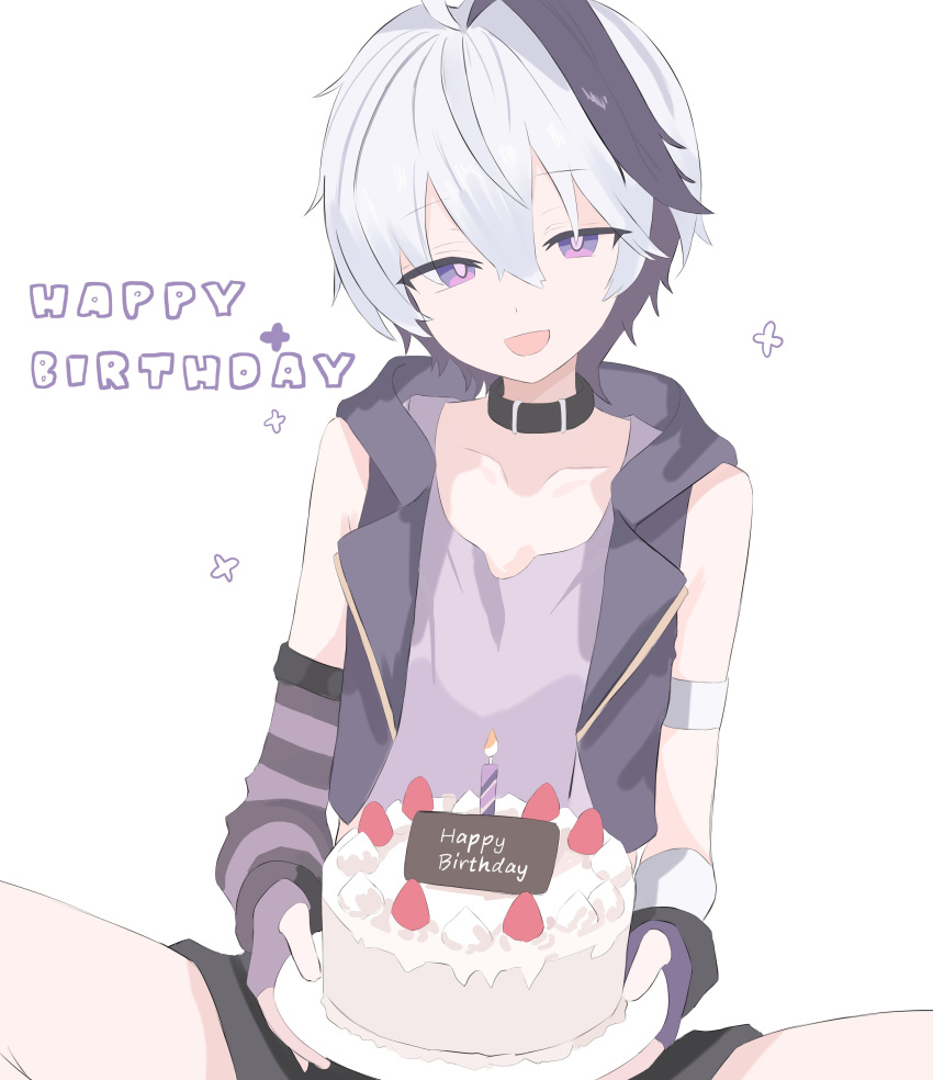 1girl, absurdres, arm_warmers, birthday, black_collar, black_hair, cake, candle