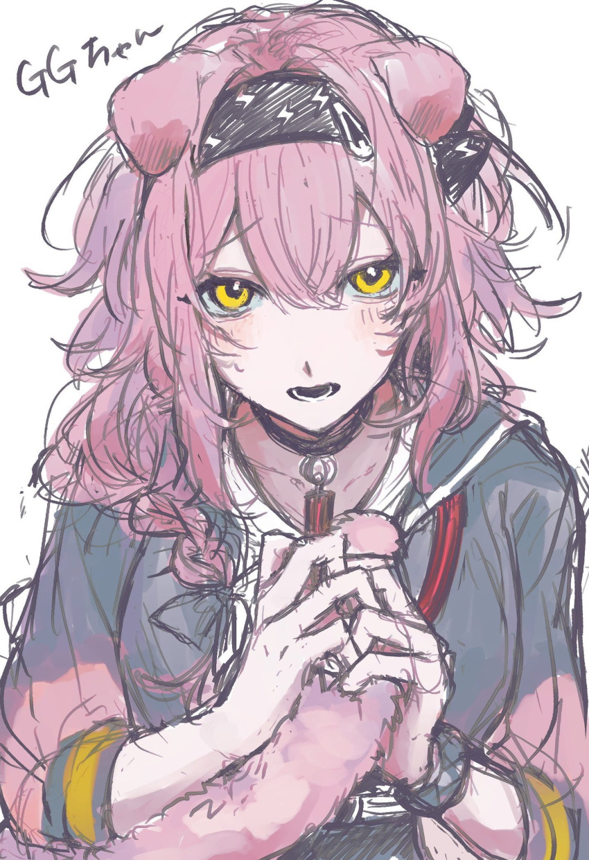 1girl, animal_ears, arknights, black_hairband, character_name, commentary_request, goldenglow_(arknights), hair_between_eyes