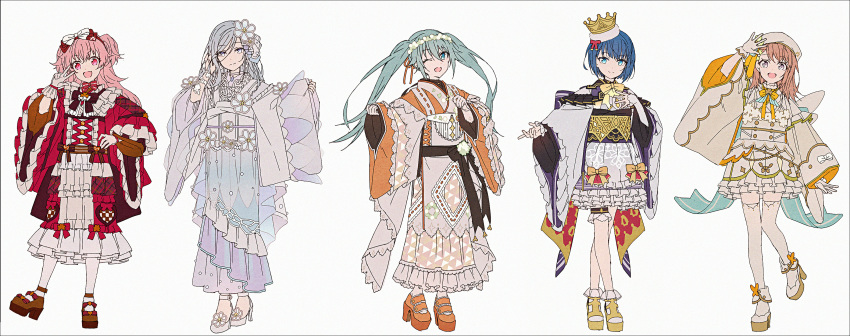 5girls, :d, ;d, adapted_costume, arm_up, beret, blue_eyes, blue_hair