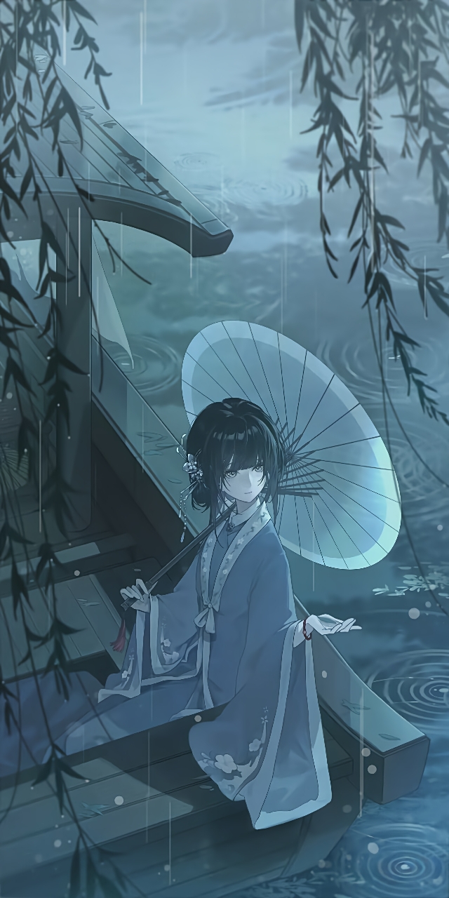 1girl, beizi_(clothing), black_hair, boat, bridge, chinese_clothes, closed_mouth, flower, hair_flower, hair_ornament, hanfu, highres, holding, holding_umbrella, japanese_clothes, long_sleeves, mansui_(adulthood)_(the_hungry_lamb), mansui_(the_hungry_lamb), oil-paper_umbrella, outdoors, rain, sitting, solo, suisui_pingan, the_hungry_lamb:_traveling_in_the_late_ming_dynasty, umbrella, water, watercraft, wide_sleeves, willow