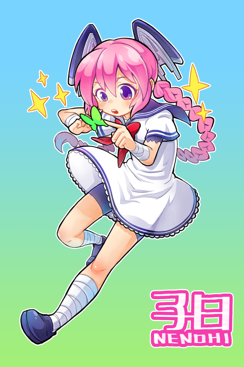 1girl, bike_shorts, black_shoes, blue_background, bow, braid, bug, butterfly