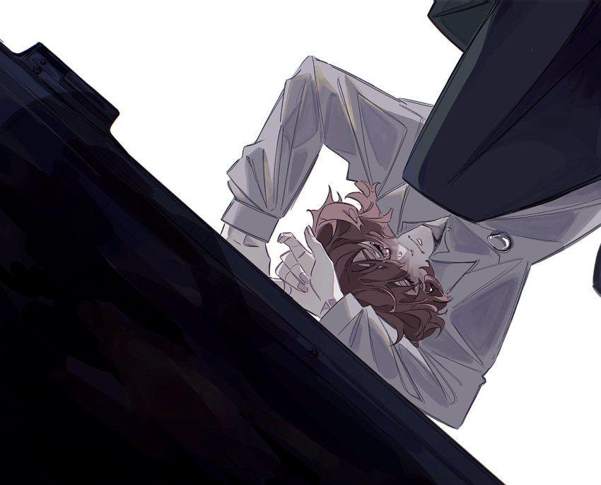 1boy, black_pants, brown_hair, classicaloid, closed_eyes, collared_shirt, crying, fingernails