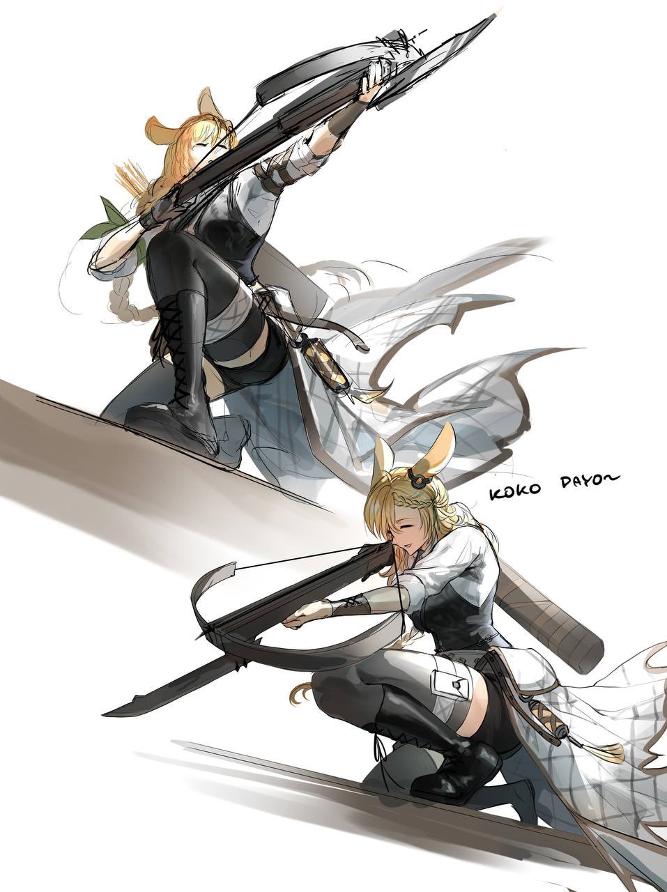 1girl, aiming, animal_ears, arknights, bayonet, black_boots, black_thighhighs, black_vest