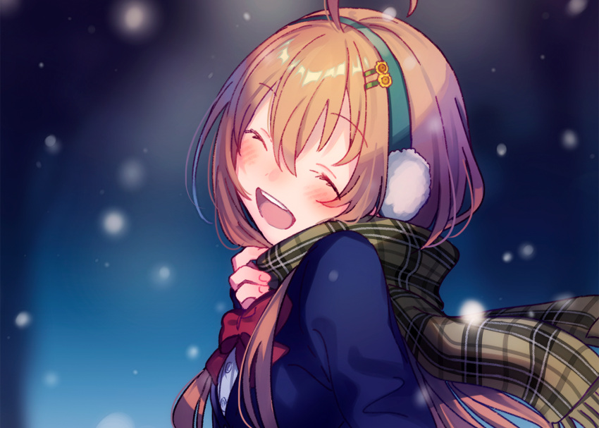 1girl, :d, ^_^, ahoge, blue_jacket, blurry, blurry_background, blush