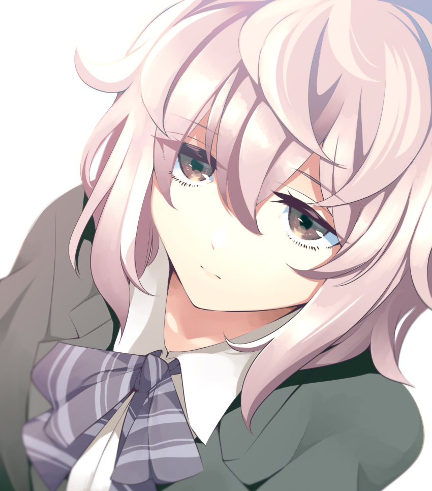 1girl, absurdres, bow, bowtie, brown_eyes, closed_mouth, collared_shirt, expressionless, expressionless_kouhai_(kato_takuji), green_jacket, grey_hair, highres, jacket, kato_takuji, looking_at_viewer, original, shirt, short_hair, simple_background, solo, split_mouth, upper_body, white_background, white_shirt
