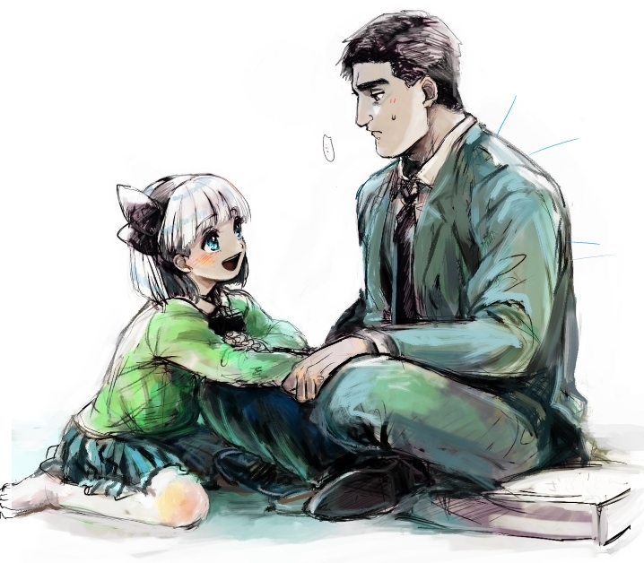 ..., 1boy, 1girl, alternate_costume, black_bow, black_bowtie, black_hair, black_hairband