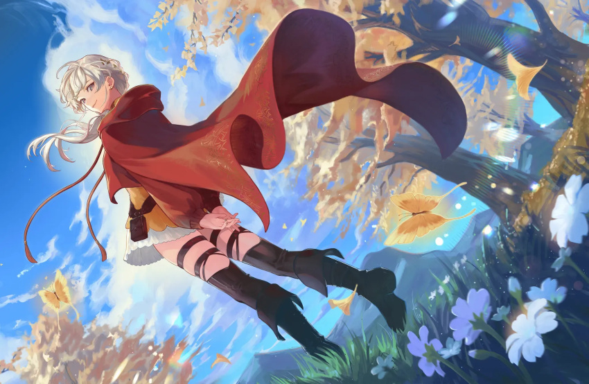 1girl, arms_behind_back, black_boots, blue_sky, boots, bug, butterfly, cape