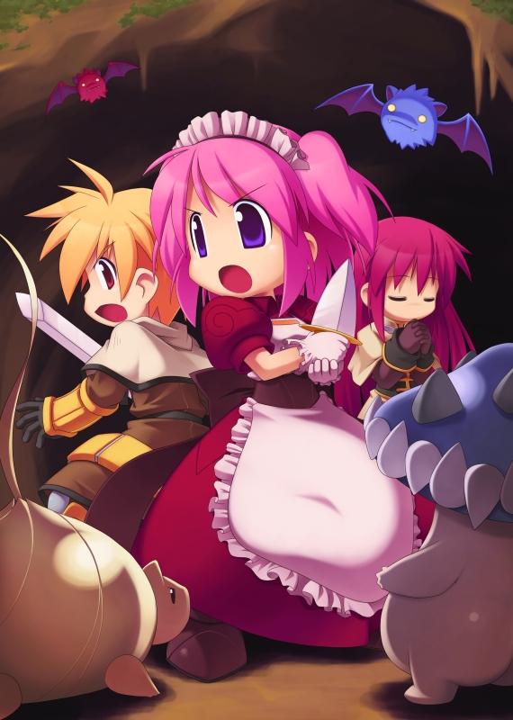 1boy, 2girls, acolyte_(ragnarok_online), apron, bat_(animal), blonde_hair, brown_sash, brown_shirt