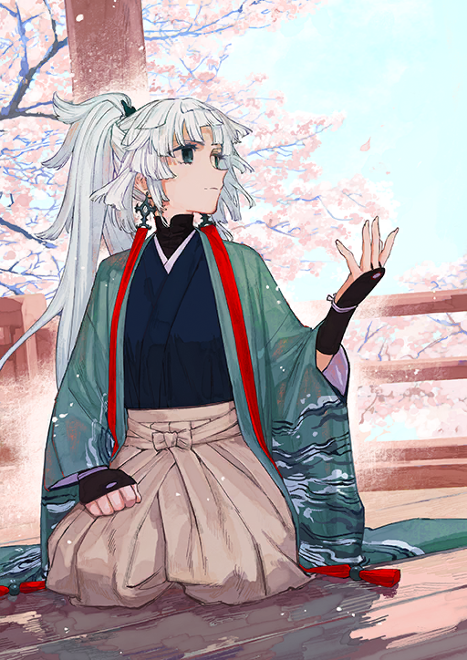 1girl, aqua_eyes, aqua_haori, armor, blue_kimono, blue_sky, blunt_ends, breasts