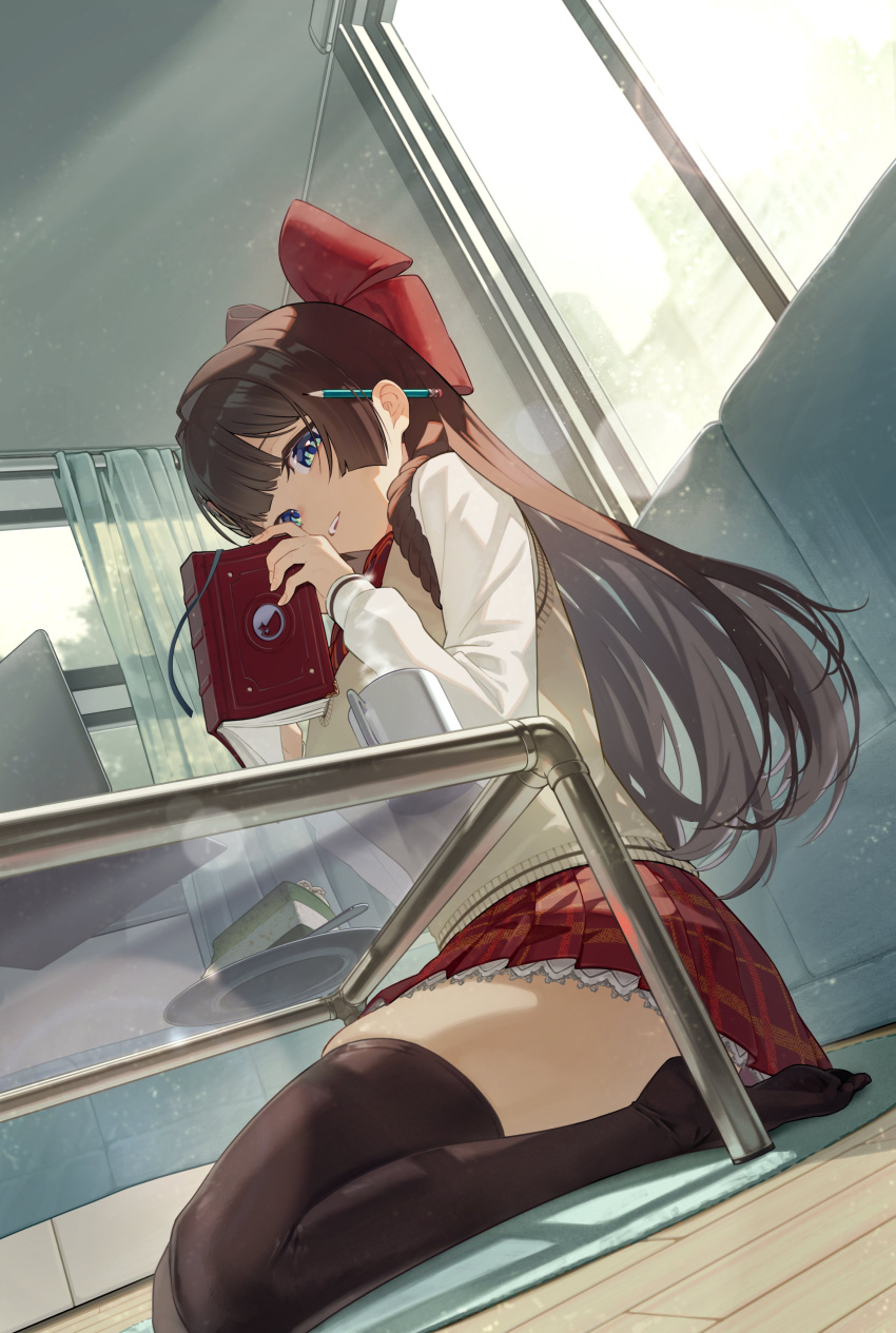 1girl, absurdres, blue_eyes, book, brown_hair, curtains, cushion, eun_yo, food, highres, holding, holding_book, indoors, large_ribbon, open_mouth, pencil, red_ribbon, ribbon, shirayuki_hina, sitting, skirt, solo, stellive, sweater, table, teeth, thigh-highs, transparent, upper_teeth_only, wooden_floor