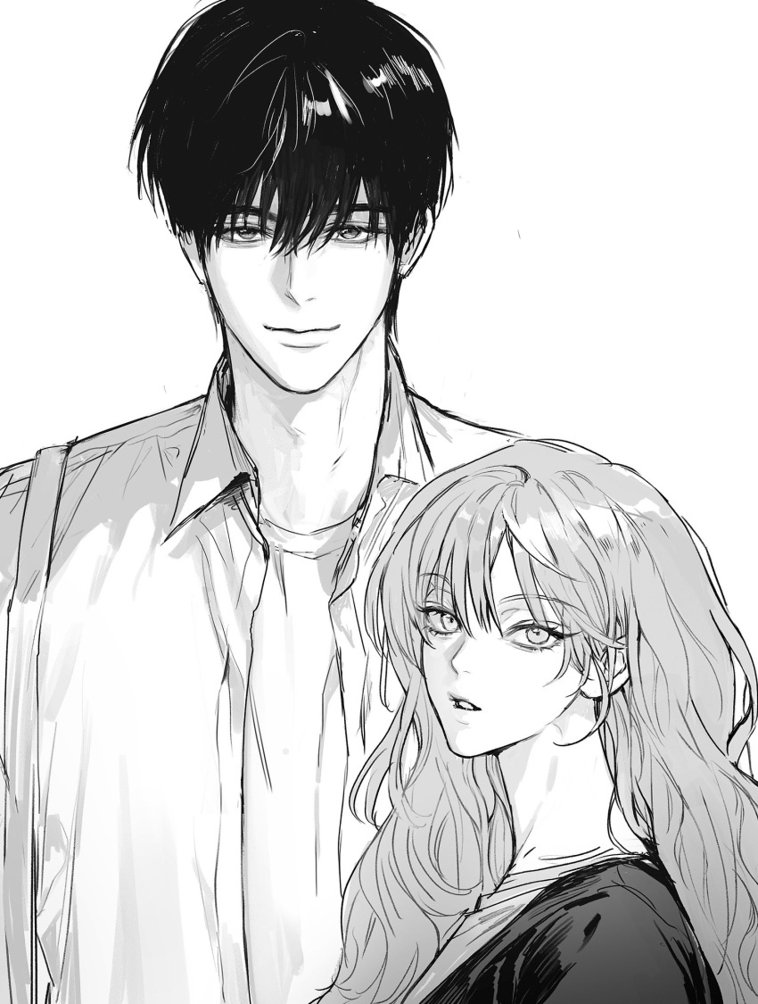 1boy, 1girl, black_hair, cheese_in_the_trap, closed_mouth, collared_shirt, commentary, dang0_23