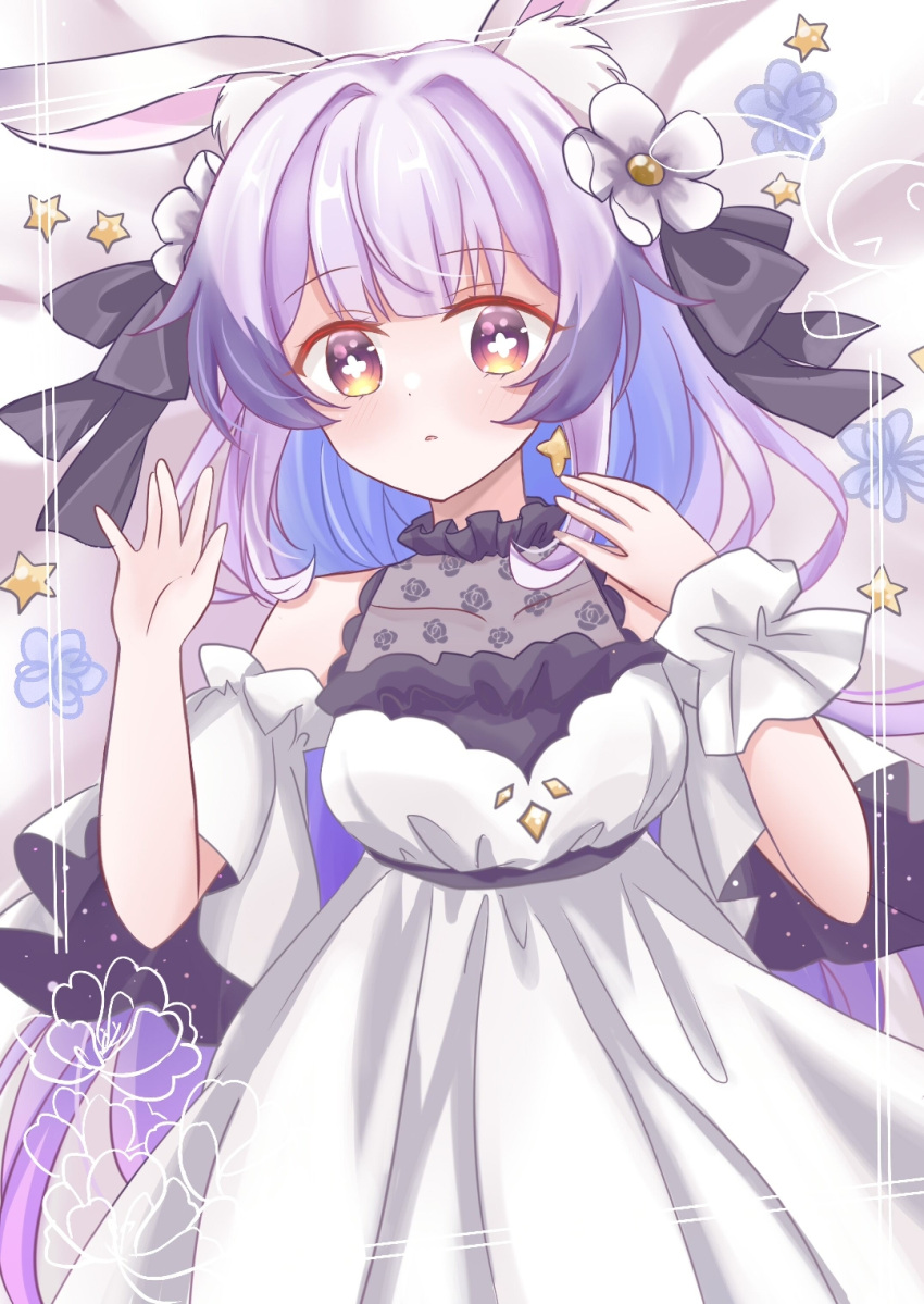 1girl, alternate_costume, alternate_hairstyle, animal_ears, bare_shoulders, blush, bow, colored_tips