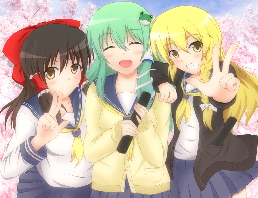 ^_^, alternate_costume, blonde_hair, blush, bow, braid, brown_eyes, brown_hair