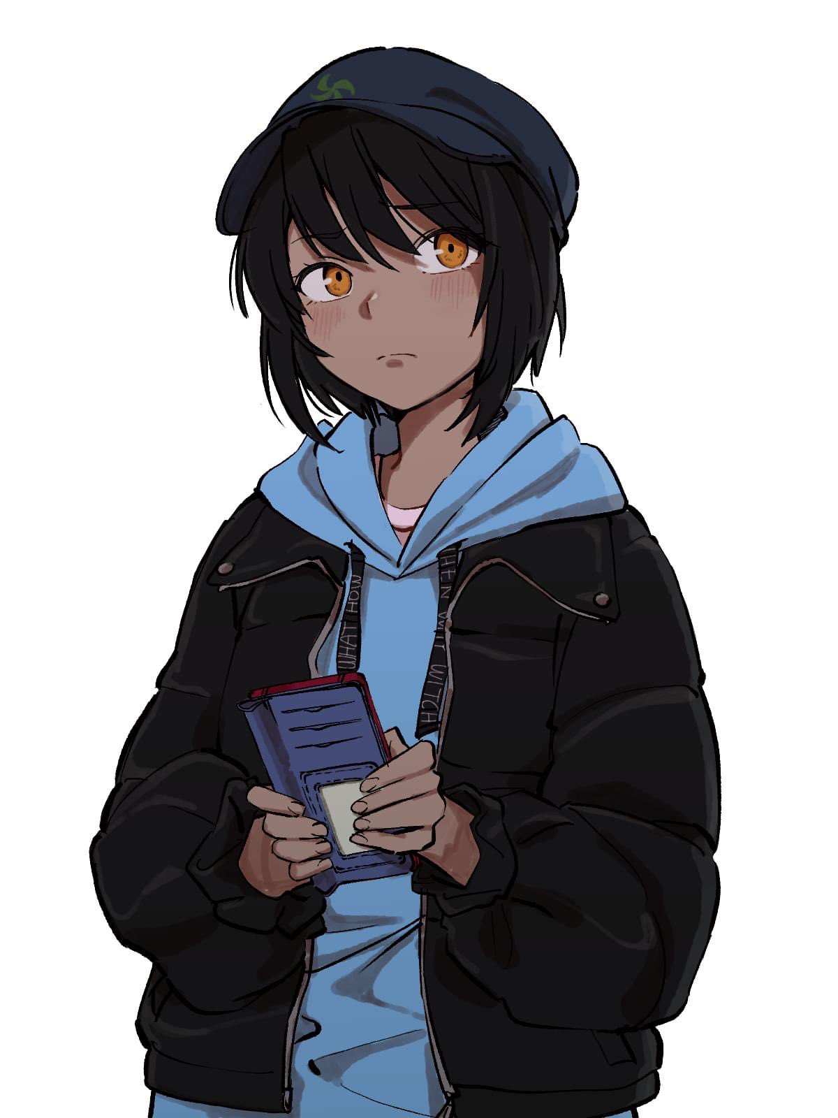 1girl, black_hair, black_jacket, blue_hat, blue_hoodie, chou_(danny8461), closed_mouth, commentary_request