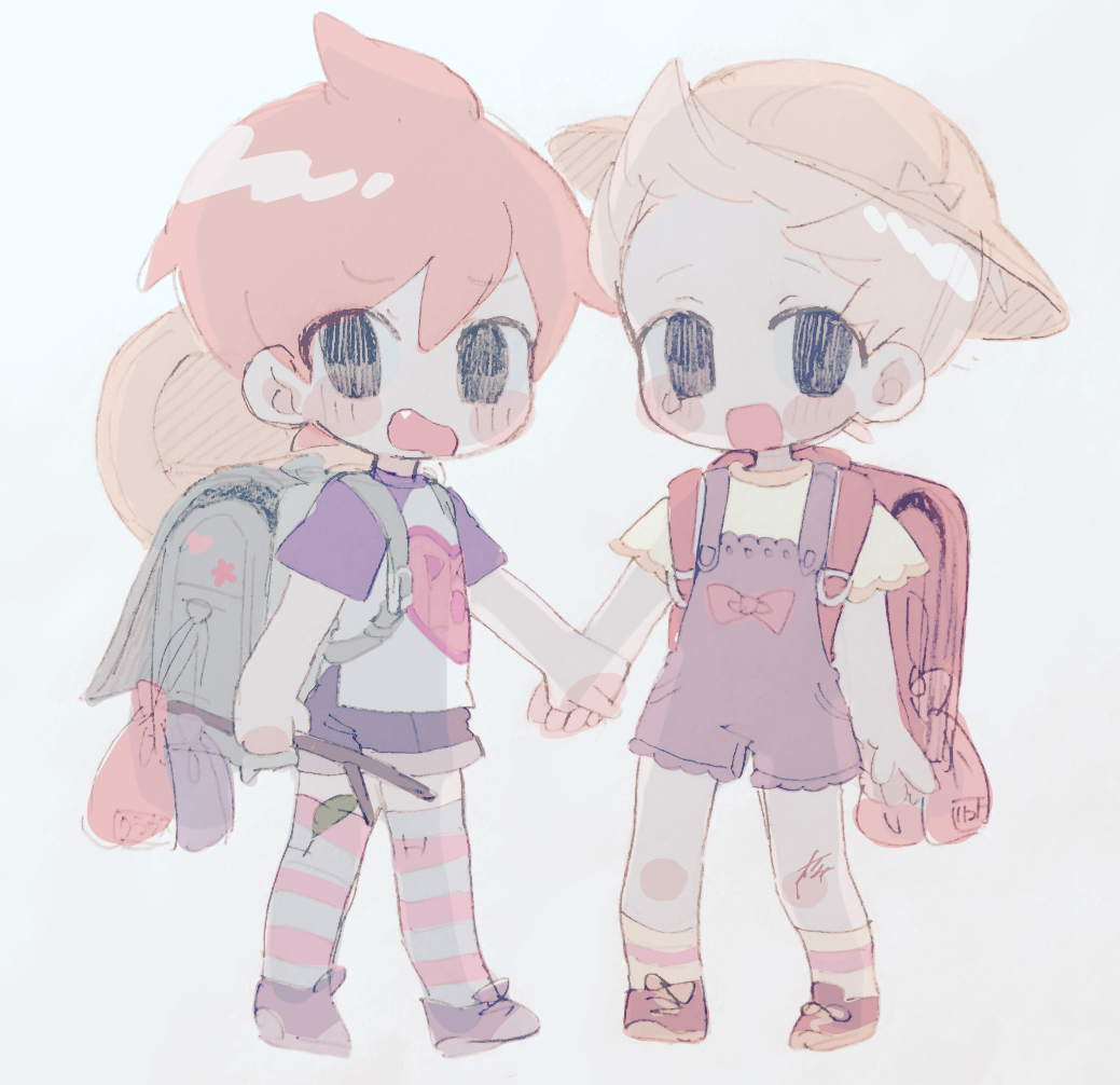 2boys, backpack, bag, blonde_hair, blush, brothers, child, claus_(mother_3), hat, holding, holding_hands, holding_stick, lace_trim, lucas_(mother_3), male_focus, mi_(33tb), mother_(series), mother_3, multiple_boys, open_mouth, orange_hair, pastel_colors, shirt, siblings, side-by-side, sketch, standing, stick, t-shirt, thigh-highs, twins
