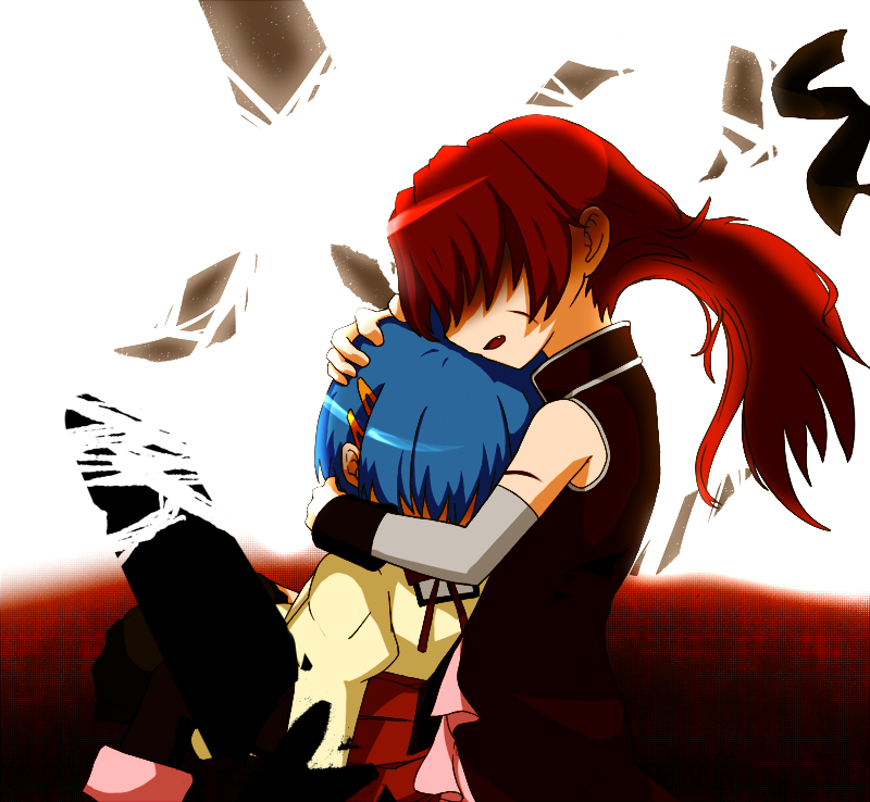 egoe, long_hair, mahou_shoujo_madoka_magica, miki_sayaka, multiple_girls, red_hair, redhead, sakura_kyouko, school_uniform, short_hair, spoilers