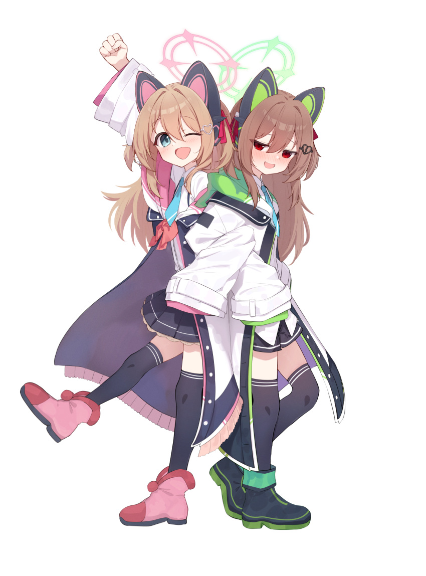2girls, animal_ear_headphones, animal_ears, bitseon, black_shorts, black_skirt, black_thighhighs, blue_archive