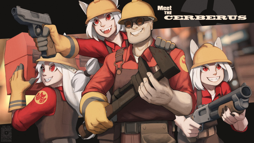 1boy, 3girls, animal_ears, black_nails, cerberus_(helltaker), cosplay, dog_ears, dog_girl