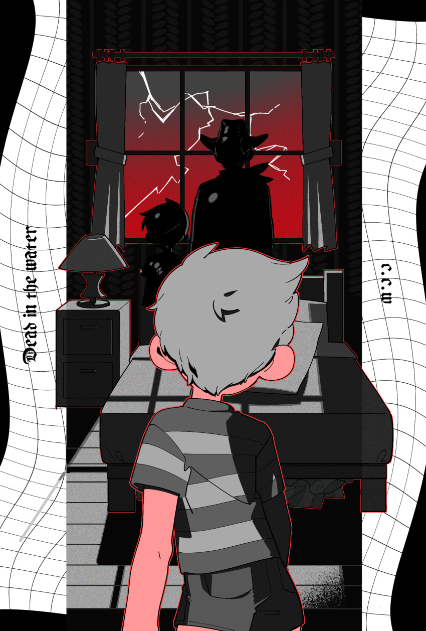 3boys, abstract_background, absurdres, claus_(mother_3), curtains, flint_(mother_3), from_behind, gradient_sky