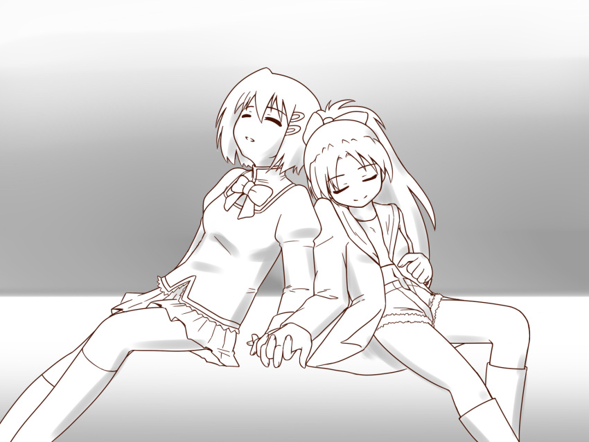 long_hair, mahou_shoujo_madoka_magica, miki_sayaka, multiple_girls, renais, sakura_kyouko, school_uniform, short_hair, spoilers, yossy_(renais), yuri