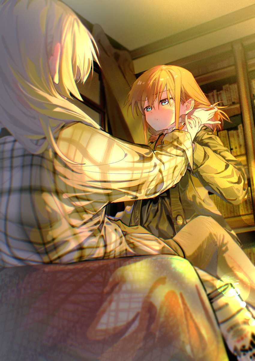 2girls, absurdres, between_legs, black_jacket, blue_eyes, blush, bookshelf, closed_mouth