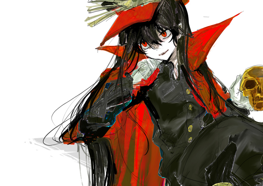 1girl, absurdres, black_hair, black_jacket, black_pants, cape, crossed_legs, fate/grand_order