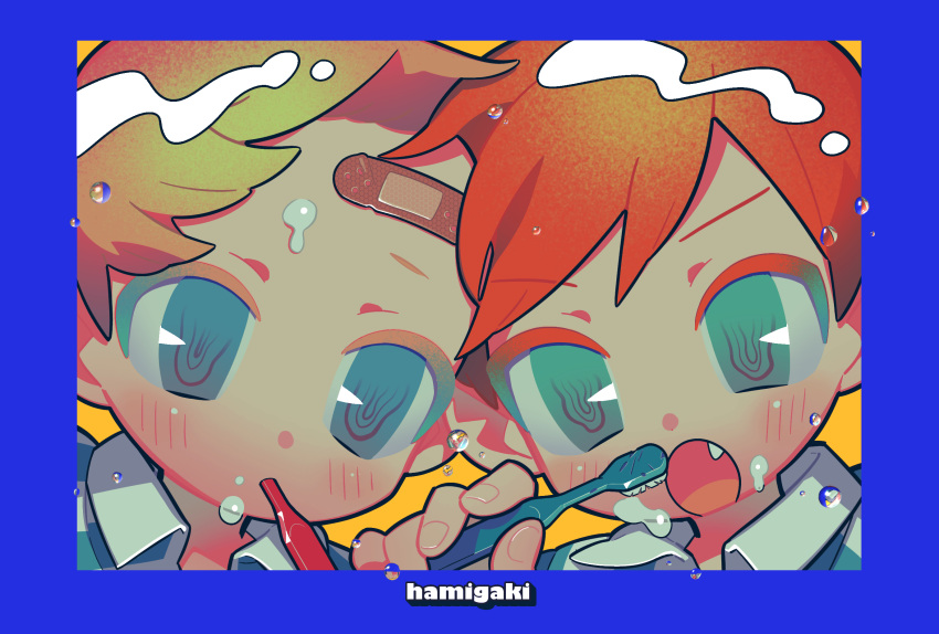 2boys, artist_name, bandaid, bandaid_on_face, blonde_hair, blue_background, blue_eyes, brothers